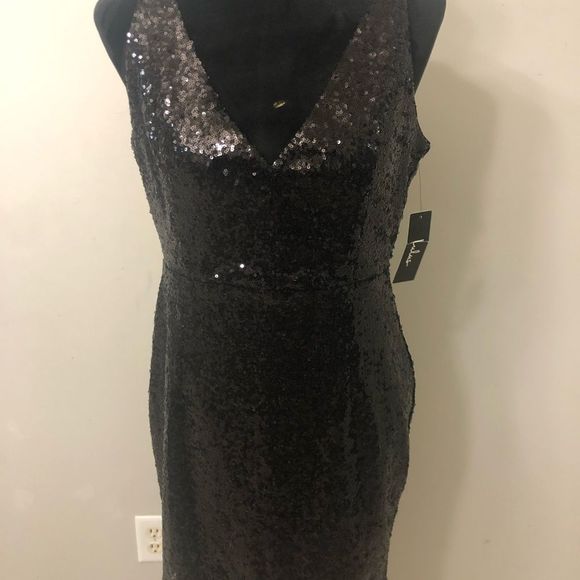 Lulu’s Black Sequin Dress BodyCon Mini Sexy Low Cut V Neck Cocktail Party dress - Picture 2 of 9